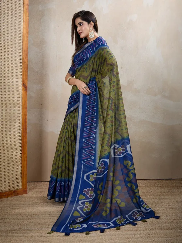 Multicolor_Olive_Green_And_Blue_Ikat_Printed_Chanderi_Saree_For_Women