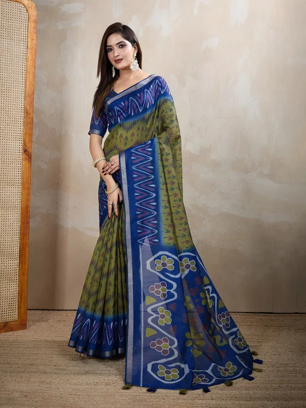 Multicolor_Olive_Green_And_Blue_Ikat_Printed_Chanderi_Saree_For_Women