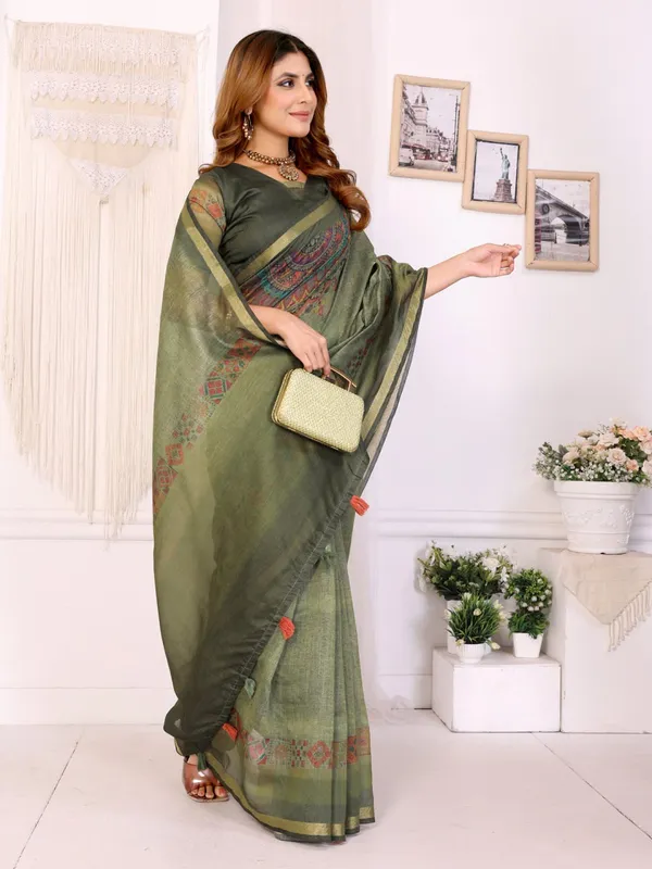 Olive_Green_Traditional_Geometric_Border_Chanderi_Saree_For_Women