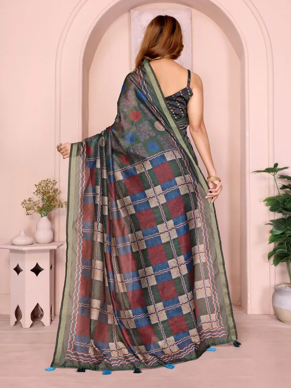 Dark_Green_Checkered_Black_Chanderi_Saree_For_Women