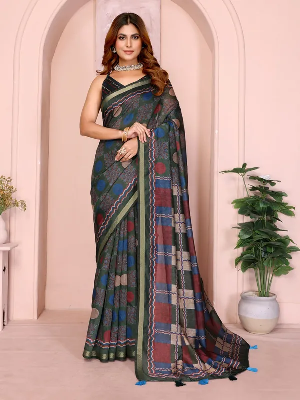 Dark_Green_Checkered_Black_Chanderi_Saree_For_Women