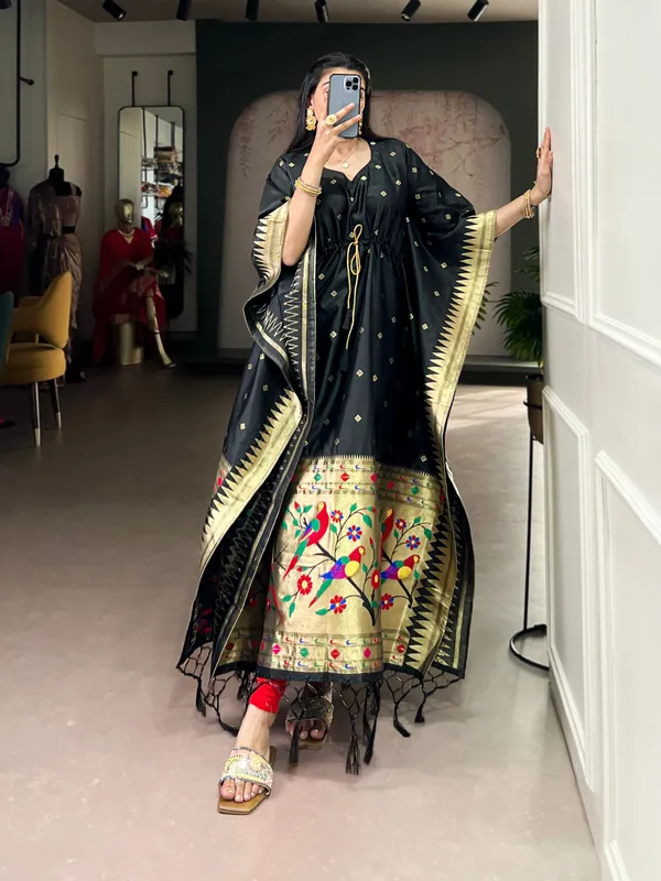 Red_Paithani_Jacquard_Zari_Weave_Kaftan_Lace_Border_Ready_To_Wear_Free_Size_For_Women