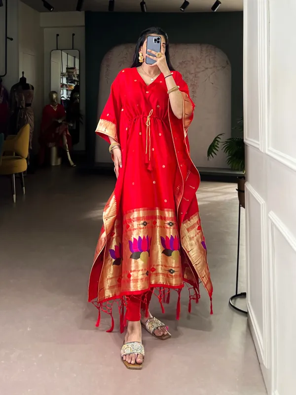Red_Paithani_Jacquard_Zari_Weave_Kaftan_Lace_Border_Ready_To_Wear_Free_Size_For_Women