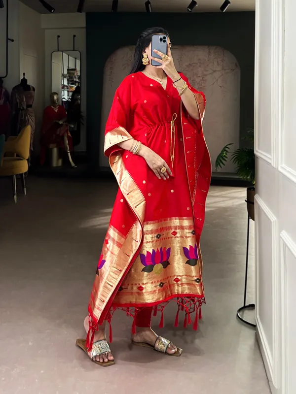 Red_Paithani_Jacquard_Zari_Weave_Kaftan_Lace_Border_Ready_To_Wear_Free_Size_For_Women