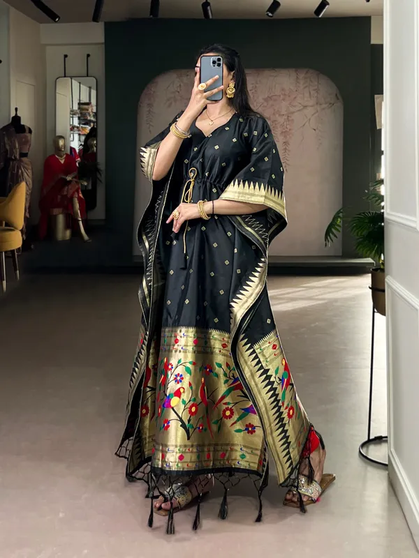 Black_Paithani_Jacquard_Zari_Weave_Lace_Border_Ready_To_Wear_Free_Size_Kaftan_For_Women