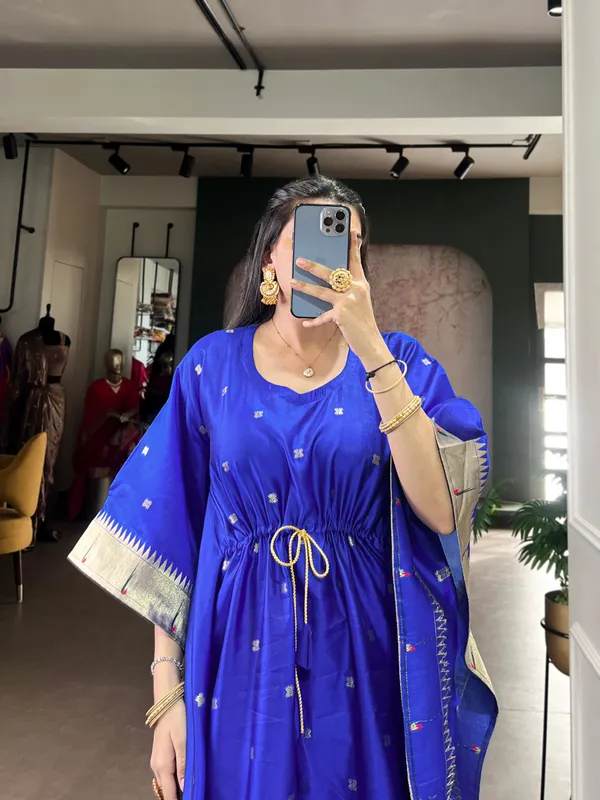 Blue_Paithani_Jacquard_Zari_Weave_Lace_Border_Ready_To_Wear_Free_Size_Kaftan_For_Women