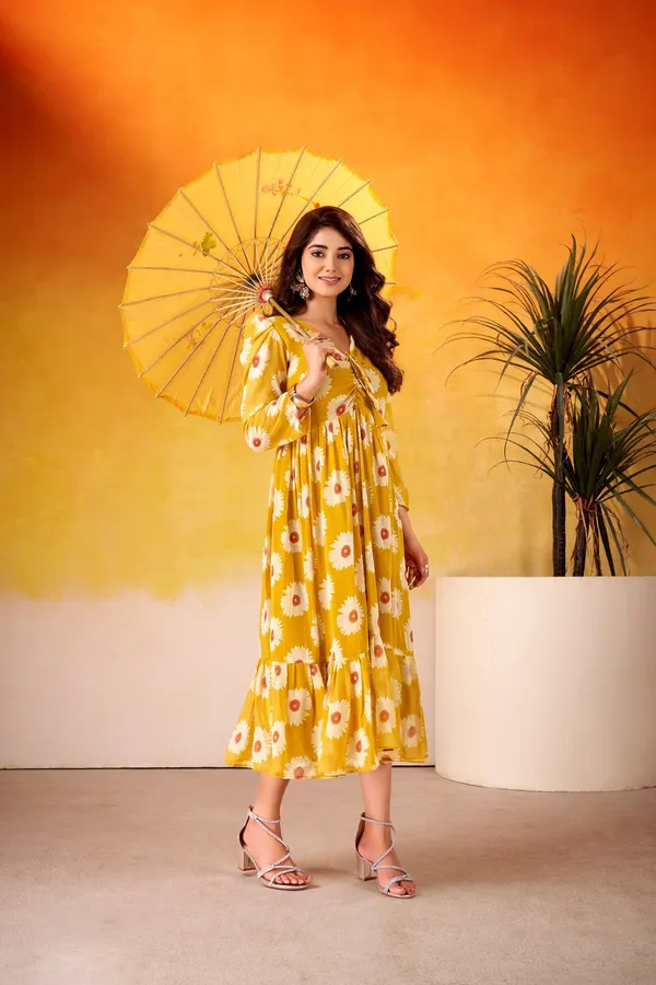 Yellow_Floral_Printed_Weightless_Foil_Work_Ethnic_Wear_Stitched_Marble_Frock_For_Women