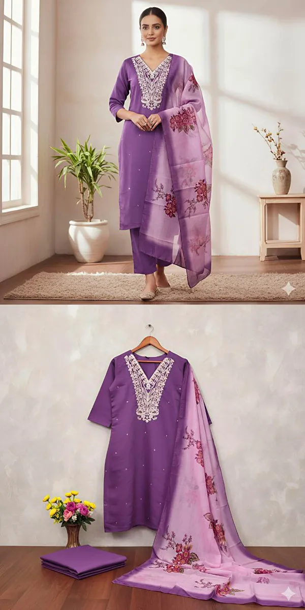 Purple_Designer_Embroidery_Work_Roman_Silk_Kurti_Pant_Dupatta_Set_For_Women