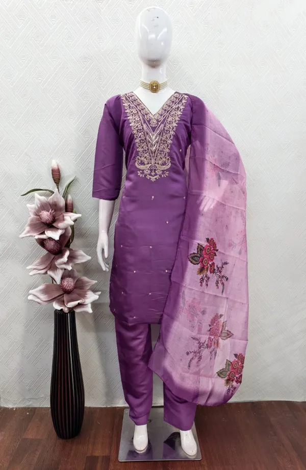 Purple_Designer_Embroidery_Work_Roman_Silk_Kurti_Pant_Dupatta_Set_For_Women