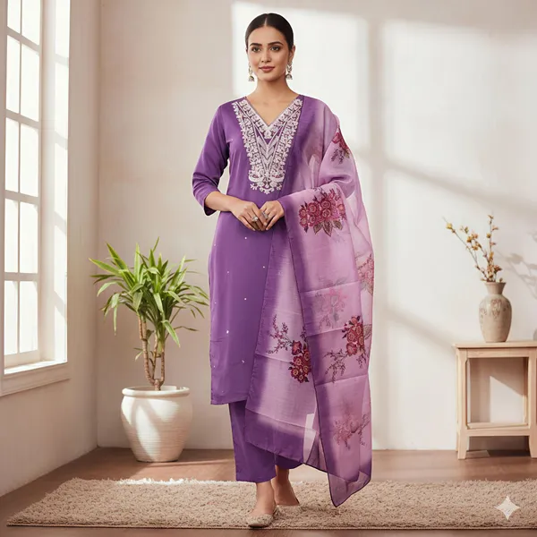 Purple_Designer_Embroidery_Work_Roman_Silk_Kurti_Pant_Dupatta_Set_For_Women