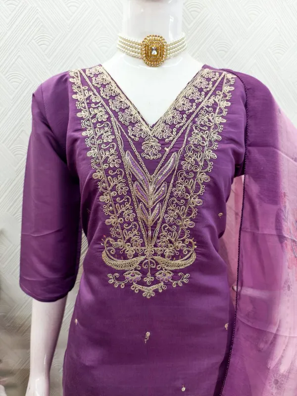 Purple_Designer_Embroidery_Work_Roman_Silk_Kurti_Pant_Dupatta_Set_For_Women