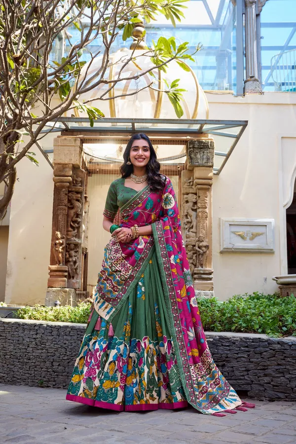 Multicolor_An_Exquisite_Tussar_Silk_Lehenga_Set_Perfect_Floral_And_Patola_Print_Design_To_Make_You_Feel_Utterly_Beatific_For_Women