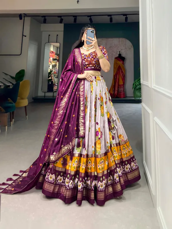Multicolor_Floral_Foil_Print_Tussar_Silk_Lehenga_Choli_Banjaran_Collection_For_Women