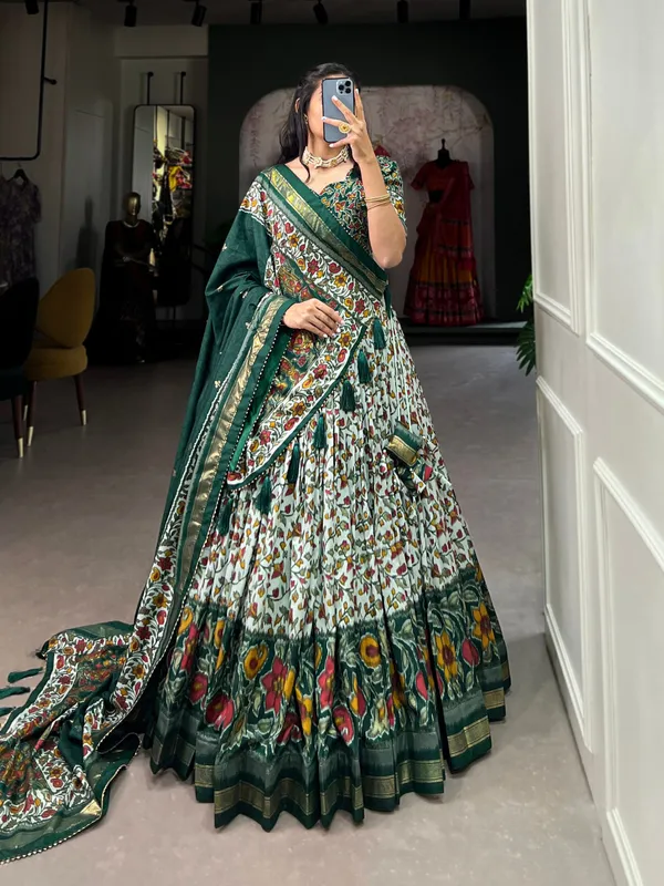 Multicolor_Elegant_Tussar_Silk_Floral_Patola_Print_And_Foil_Detailing_Lehenga_Set_For_Women