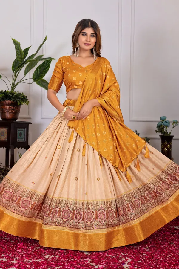 Multicolor_Elegant_Tussar_Floral_Patola_Print_And_Foil_Detailing_Silk_Lehenga_Set_For_Women