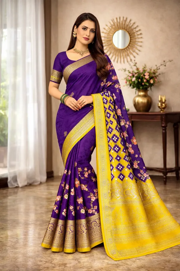 Dark_Purple_Designer_Jacquard_Border_Freehand_Dola_Silk_Saree_For_Women