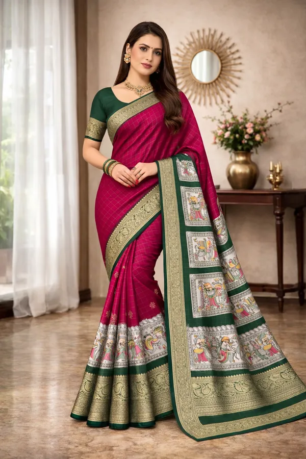 Rani_Pink_Designer_Freehand_Dola_Silk_Saree_For_Women