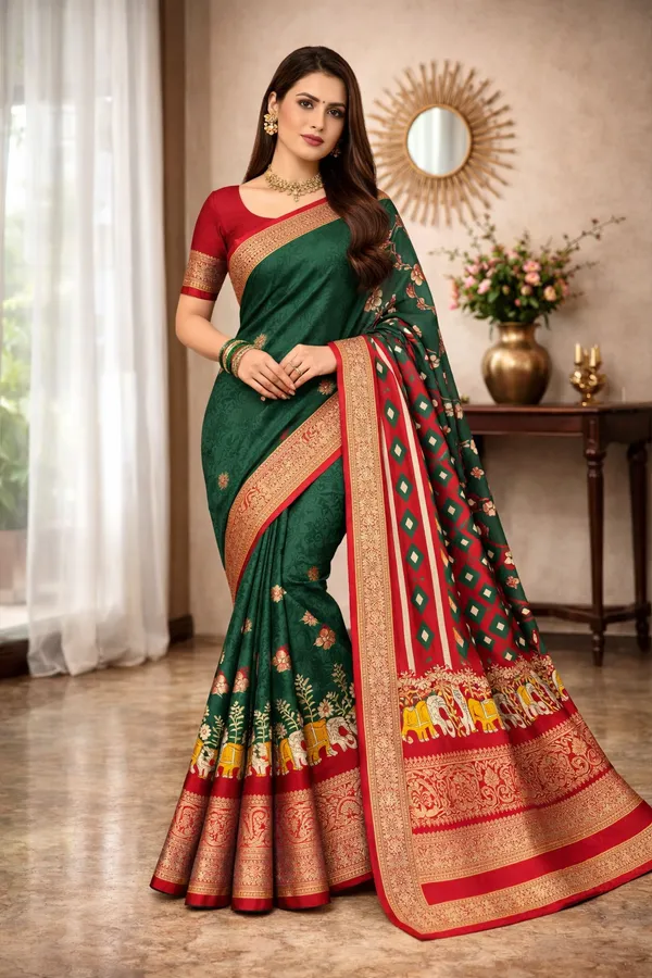 Dark_Green_Designer_Freehand_Dola_Silk_Saree_Jacquard_Border_For_Women