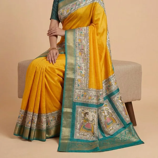 Yellow_Designer_Freehand_Dola_Silk_Saree_For_Women