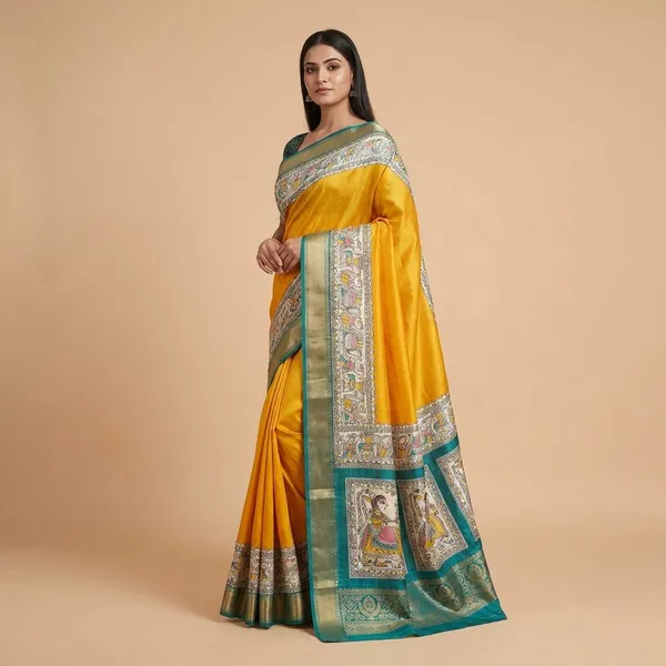 Yellow_Designer_Freehand_Dola_Silk_Saree_For_Women