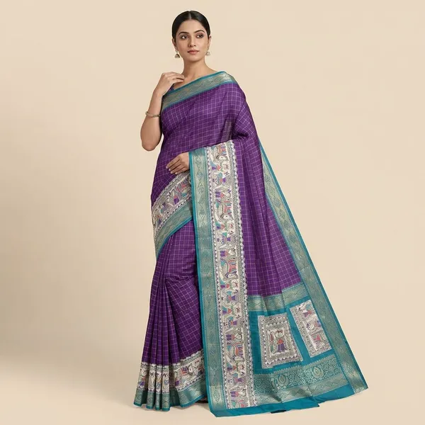 Dark_Purple_Designer_Freehand_Dola_Silk_Saree_For_Women