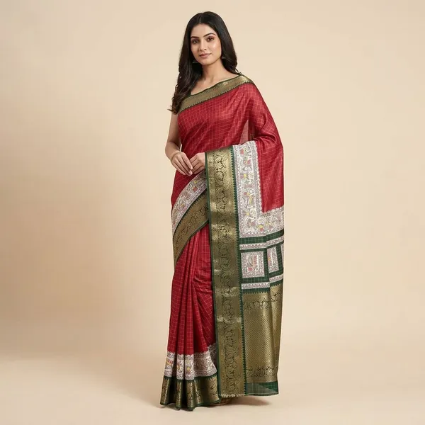 Maroon_Designer_Freehand_Dola_Silk_Saree_For_Women