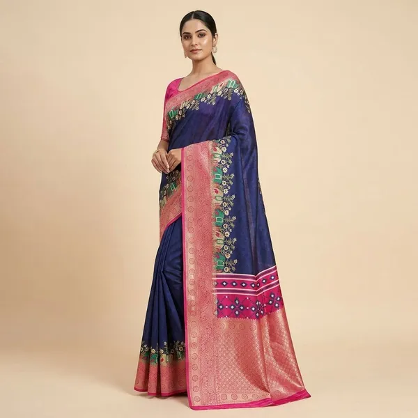 Dark_Blue_Designer_Freehand_Dola_Silk_Jacquard_Border_Saree_For_Women