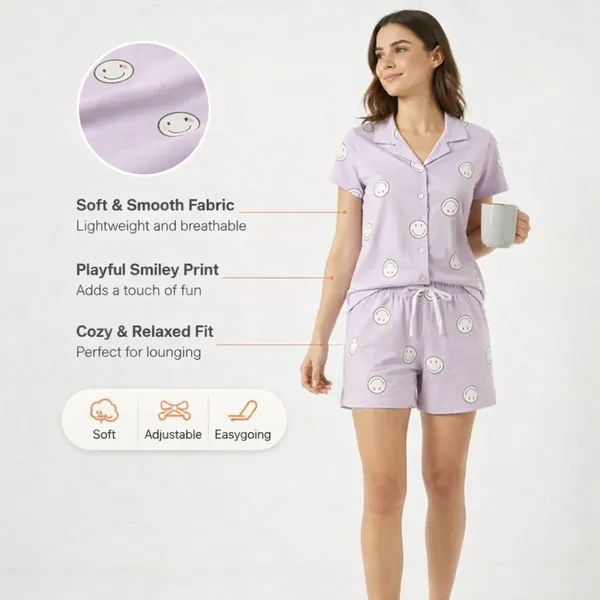 Women'S_Pink_Smiley_Print_Cotton_Nightwear_Set_-_2_Piece_(Top,_Shorts)