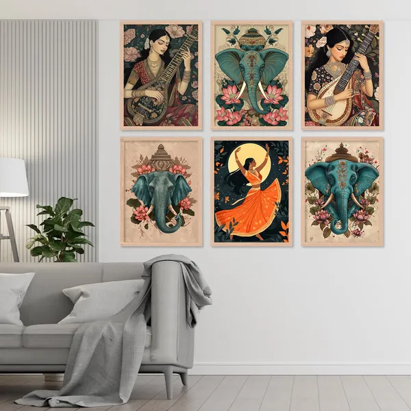 ARTELLY_Premium_Digital_Madhubani_Paintings_with_Frame_-_Traditional_Pichwai_Indian_Art_-_6_Pack_(Art_3,_10_inch_x_13_inch)_for_Living_Room,_Bedroom,_Office_Room_Decor