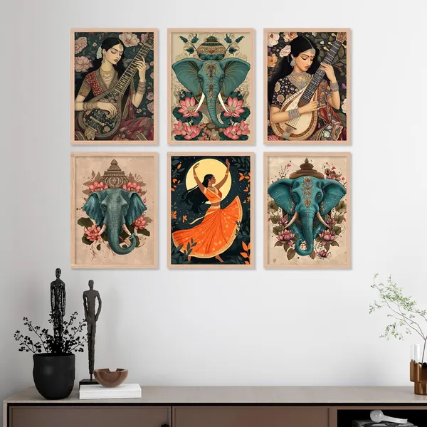 ARTELLY_Premium_Digital_Madhubani_Paintings_with_Frame_-_Traditional_Pichwai_Indian_Art_-_6_Pack_(Art_3,_10_inch_x_13_inch)_for_Living_Room,_Bedroom,_Office_Room_Decor