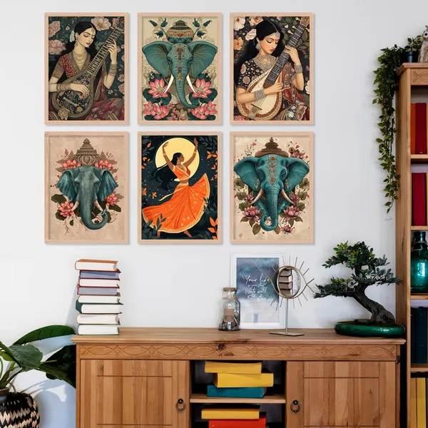 ARTELLY_Premium_Digital_Madhubani_Paintings_with_Frame_-_Traditional_Pichwai_Indian_Art_-_6_Pack_(Art_3,_10_inch_x_13_inch)_for_Living_Room,_Bedroom,_Office_Room_Decor