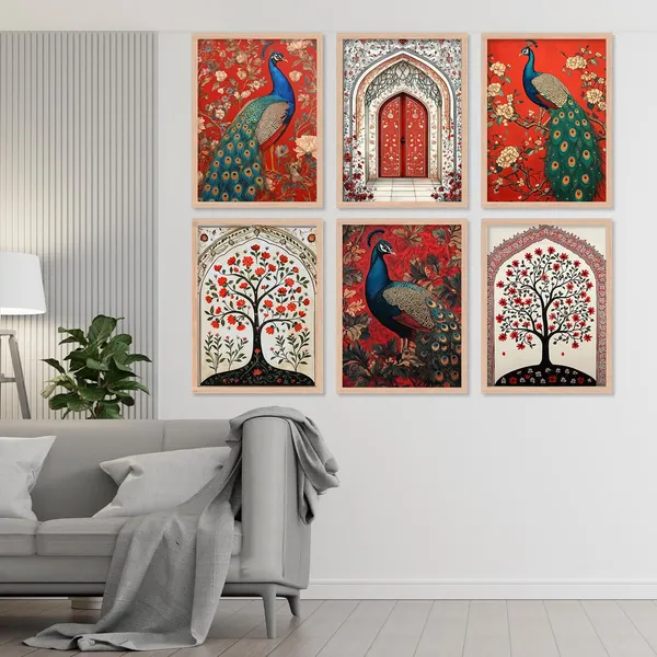 ARTELLY_Premium_Digital_Madhubani_Paintings_with_Frame_-_Traditional_Pichwai_Indian_Art_for_Living_Room,_Bedroom,_Office_Room_Decor_-_Framed_Wall_Art,_Pack_of_6_(Art_4,_10_inch_x_13_inch)