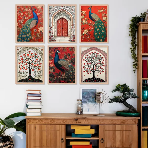 ARTELLY_Premium_Digital_Madhubani_Paintings_with_Frame_-_Traditional_Pichwai_Indian_Art_for_Living_Room,_Bedroom,_Office_Room_Decor_-_Framed_Wall_Art,_Pack_of_6_(Art_4,_10_inch_x_13_inch)