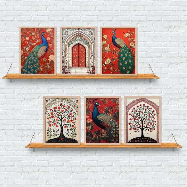 ARTELLY_Premium_Digital_Madhubani_Paintings_with_Frame_-_Traditional_Pichwai_Indian_Art_for_Living_Room,_Bedroom,_Office_Room_Decor_-_Framed_Wall_Art,_Pack_of_6_(Art_4,_10_inch_x_13_inch)