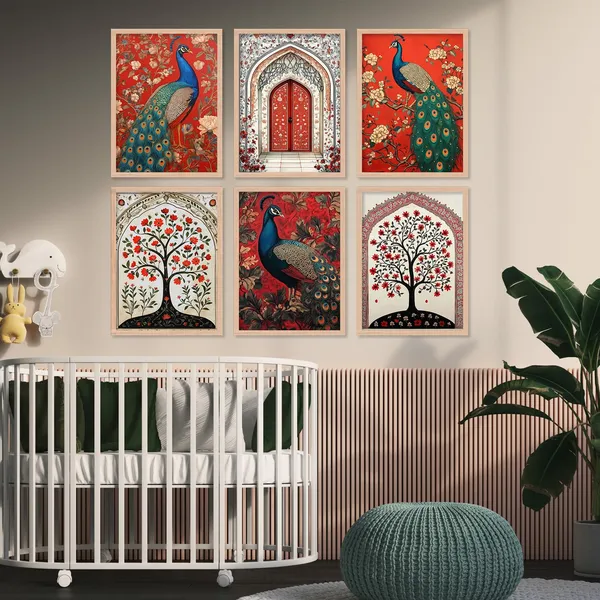 ARTELLY_Premium_Digital_Madhubani_Paintings_with_Frame_-_Traditional_Pichwai_Indian_Art_for_Living_Room,_Bedroom,_Office_Room_Decor_-_Framed_Wall_Art,_Pack_of_6_(Art_4,_10_inch_x_13_inch)