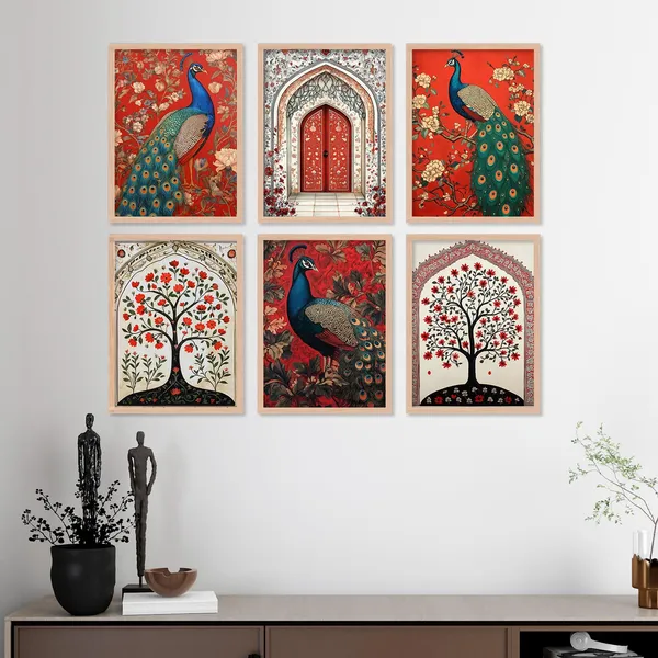ARTELLY_Premium_Digital_Madhubani_Paintings_with_Frame_-_Traditional_Pichwai_Indian_Art_for_Living_Room,_Bedroom,_Office_Room_Decor_-_Framed_Wall_Art,_Pack_of_6_(Art_4,_10_inch_x_13_inch)