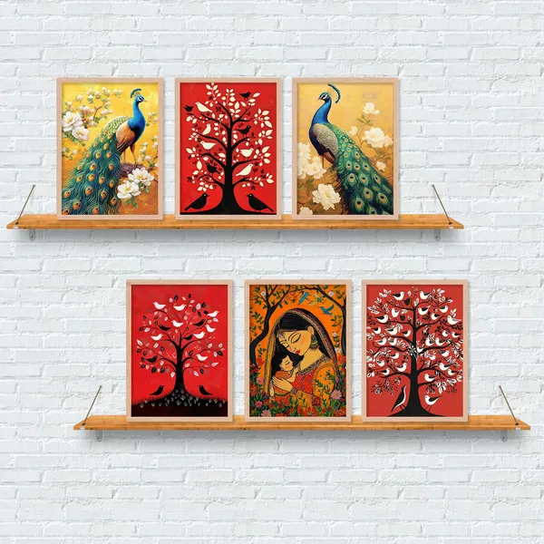 Artelly_Premium_Digital_Madhubani_Paintings_with_Frame_for_Living_Room_Bedroom_Office_Room_Decor_-_Traditional_Pichwai_Indian_Art_Painting_for_Home_Decor,_Framed_Painting_for_Wall_Decoration,_Pack_of_6_(Art_5,_10_inch_x_13_inch)