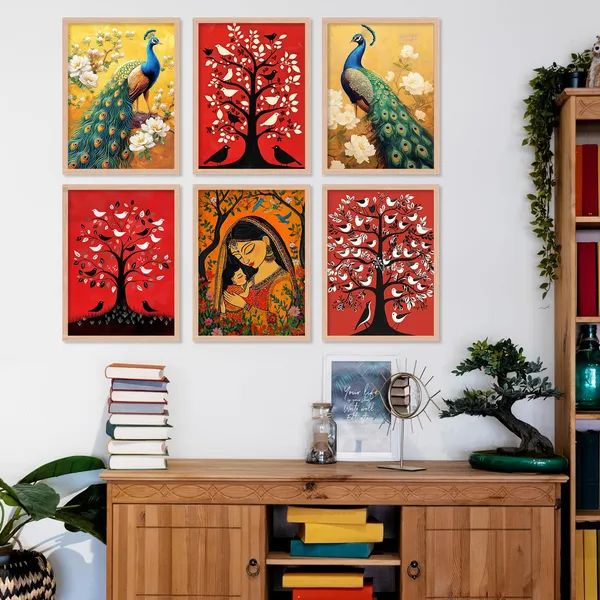 Artelly_Premium_Digital_Madhubani_Paintings_with_Frame_for_Living_Room_Bedroom_Office_Room_Decor_-_Traditional_Pichwai_Indian_Art_Painting_for_Home_Decor,_Framed_Painting_for_Wall_Decoration,_Pack_of_6_(Art_5,_10_inch_x_13_inch)