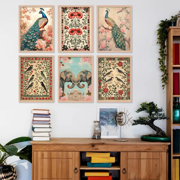 ARTELLY_Madhubani_Paintings_with_Frame_for_Living_Room_Bedroom_Office_Room_Decor_-_Traditional_Pichwai_Art,_Framed_Painting_for_Wall_Decoration,_Pack_of_6_(Art_7,_10_inch_x_13_inch)