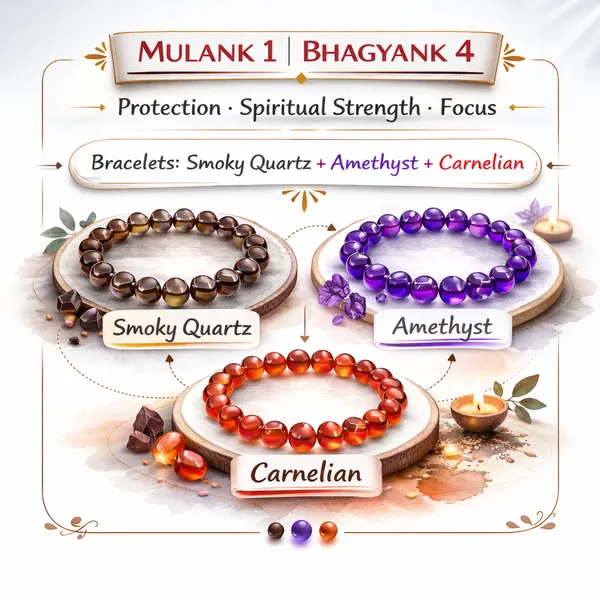 MULANK_1_BHAGYANK_4:_SPIRITUAL_PROTECTION_&_CLARITY_BRACELET�|_SMOKY_QUARTZ,_AMETHYST_&_CARNELIAN_TRIO