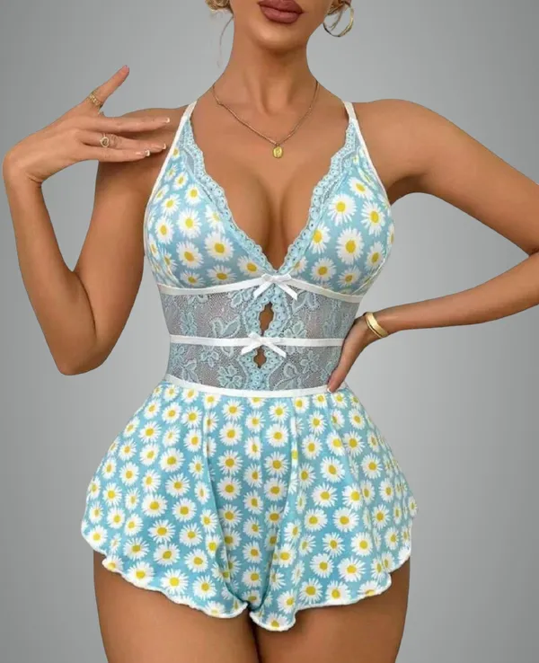 Light_Blue_Floral_Print_Vneck_Teddy_With_Sheer_Lace_Waist_And_Adjustable_Straps_Lingerie_Romper_For_Women