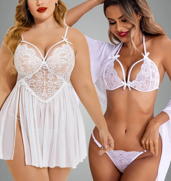 White_Floral_Lace_Babydoll_Set_With_Matching_Bra_And_Panty_Combo_Lingerie_For_Women