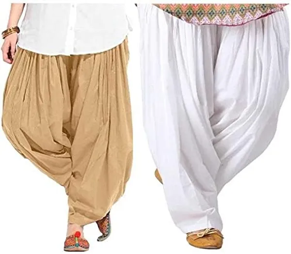 Beige_And_White_Plain_Cotton_Patiala_Salwar_Combo_Of_2_For_Women