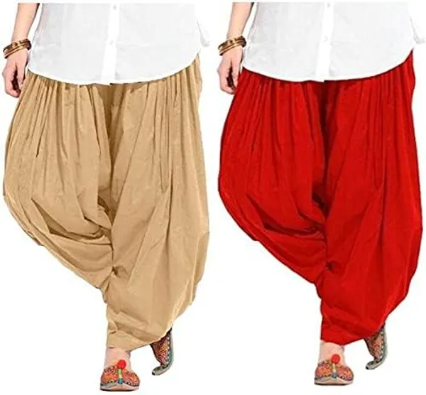 Beige_And_Red_Plain_Cotton_Patiala_Salwar_Combo_Of_2_For_Women