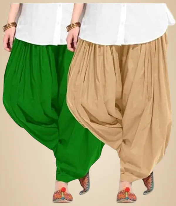 Green_And_Beige_Plain_Cotton_Patiala_Salwar_Combo_Of_2_For_Women