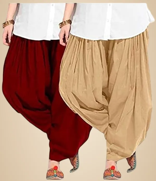Maroon_And_Beige_Plain_Cotton_Patiala_Salwar_Combo_Of_2_For_Women