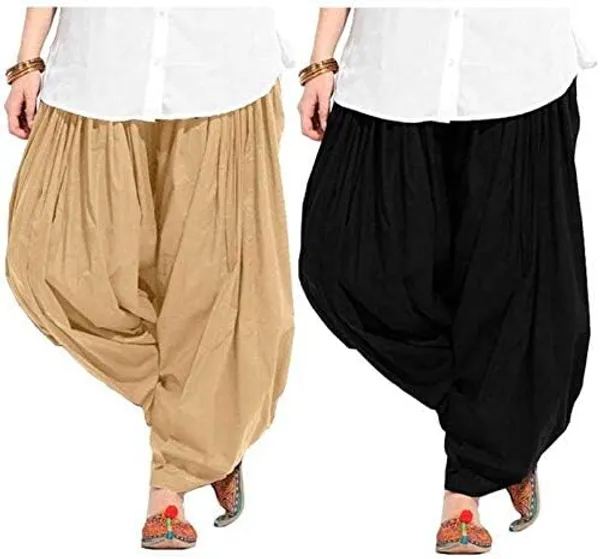 Beige_And_Black_Plain_Cotton_Patiala_Salwar_Combo_Of_2_For_Women
