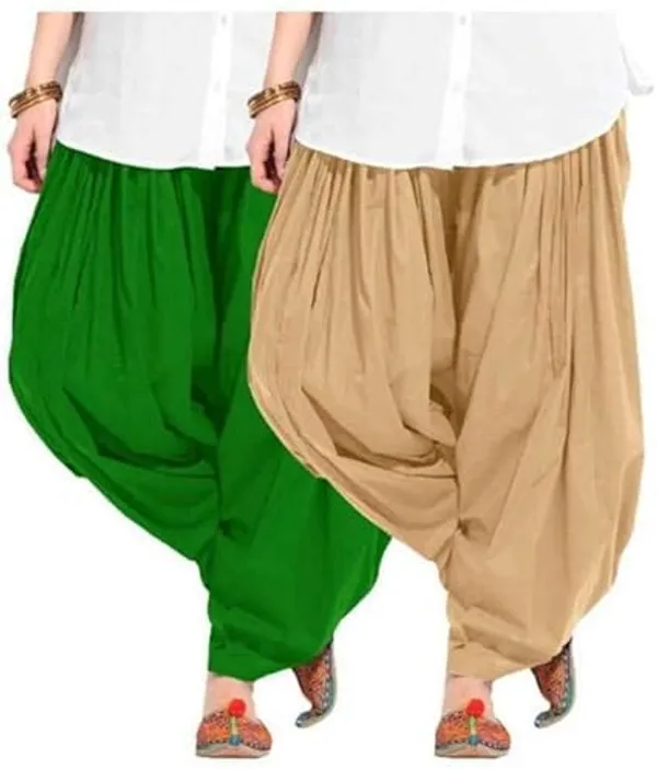 Green_And_Beige_Plain_Cotton_Patiala_Salwar_Combo_Of_2_For_Women