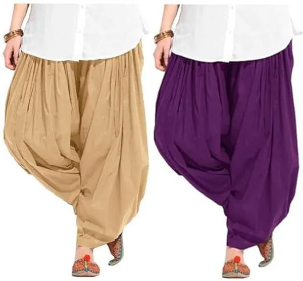 Beige_And_Purple_Plain_Cotton_Patiala_Salwar_Combo_Of_2_For_Women