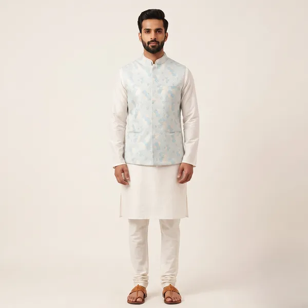 Sea_Green_Floral_Brocade_Bandi/Nehru_Jacket_Fabric